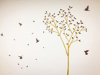 Abstract deciduous trees with birds on the wall