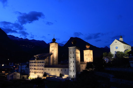Stockalper castle of Brig at twilight, Switzerland