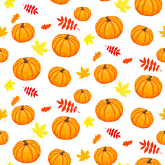 Hello, Autumn. Seamless background of ripe pumpkins and autumn leaves. Pattern
