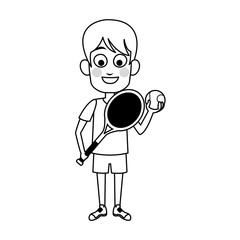 boy with tennis racket and ball, cartoon icon over white background. colorful design. vector illustration