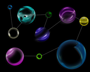 Several circles of different colors and sizes are connected with a white line on a black background