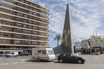 Monument at roundabout near the entrance to the port of cadiz, in the background is located the monument to the Spanish Constitution of 1812, take in Cadiz, Andalusia, Spain