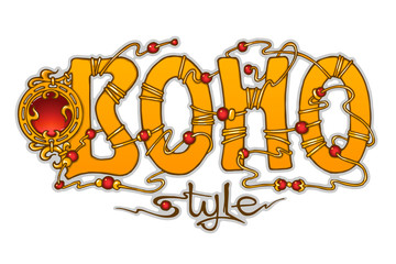 Boho style lettering. Brooch, thread and beads. Vector illustration