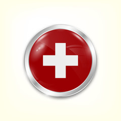 Round button national flag of Switzerland with the reflection of light and shadow. Icon country. Realistic vector illustration.