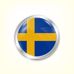 Round button national flag of Sweden with the reflection of light and shadow. Icon country. Realistic vector illustration.