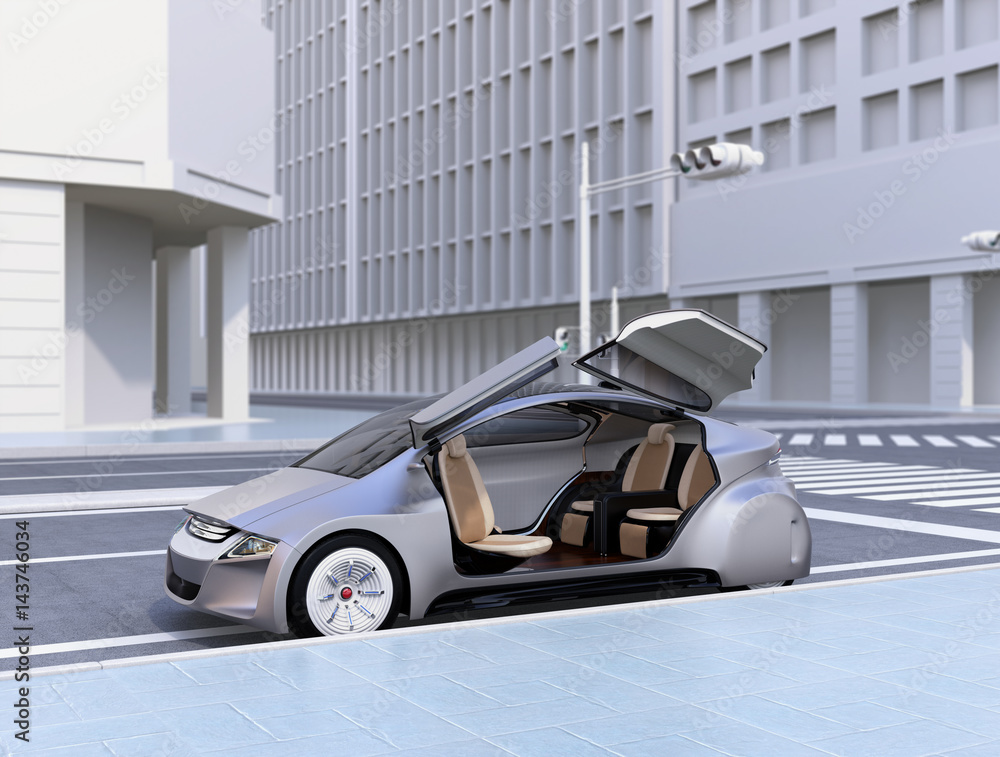 Poster silver autonomous car parking at the side of the road. 3d rendering image.