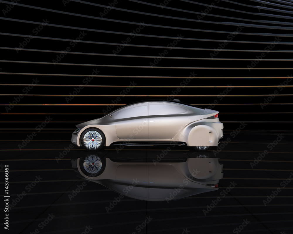 Poster side view of silver self-driving car on abstract background. 3d rendering image.