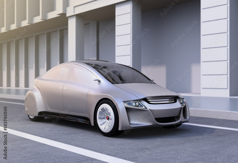 Poster silver autonomous car on the road. 3d rendering image.