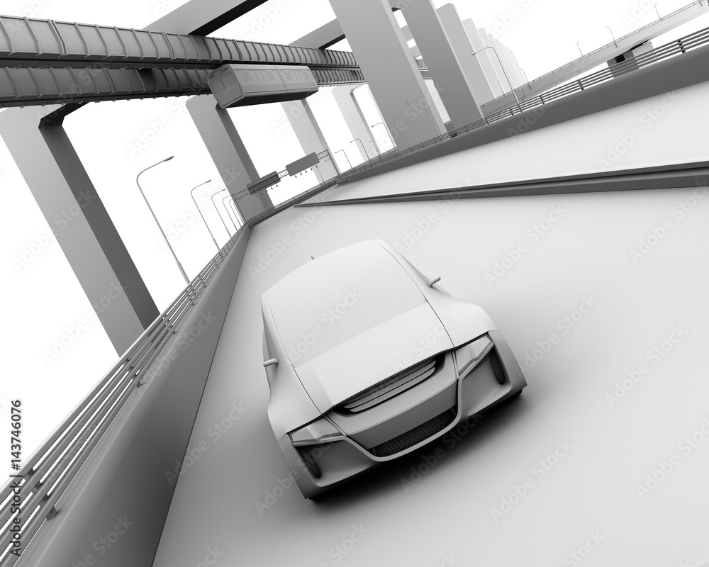 Aufkleber clay model rendering of self-driving car on the highway, and monorail train on background. 3d render