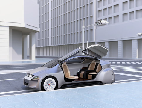 Silver autonomous car parking at the side of the road. 3D rendering image.