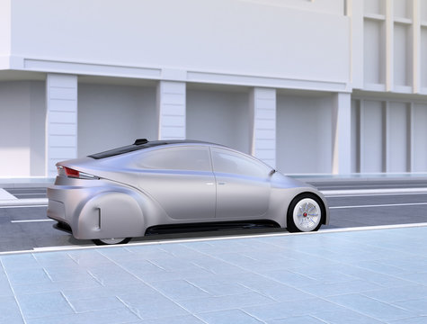 Silver autonomous car on the road. 3D rendering image.