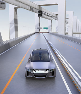 Front view of silver autonomous car driving on the highway with monorail on background. 3D rendering image. 