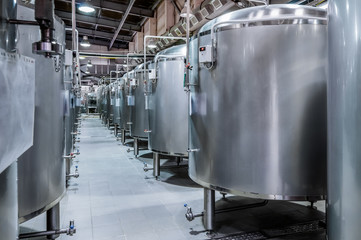 Modern Beer Factory. Small steel tanks for fermentation of beer.