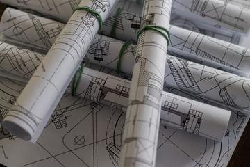 Engineering drawings on paper. Several drawings in a roll.