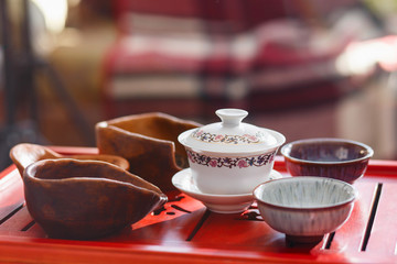 Set of teapot, three kinds of tea and two bowls