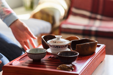 Fototapeta na wymiar Set of teapot, three kinds of tea and two bowls