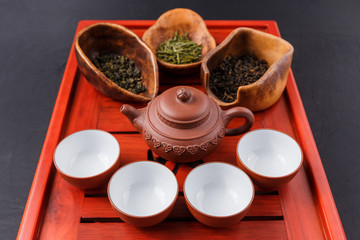 Set of teapot, three kinds of tea and four bowls