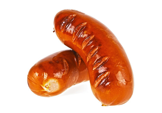 Two grilled sausages on a white background
