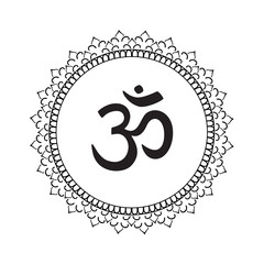 Mandala frame with Om symbol. Hand drawn oriental ornament for greeting card, invitation, coloring book, yoga poster.
