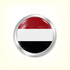 Round button national flag of Yemen with the reflection of light and shadow. Icon country. Realistic vector illustration.