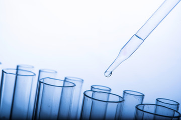 Dropping chemical liquid to test tubes, laboratory research and development concept