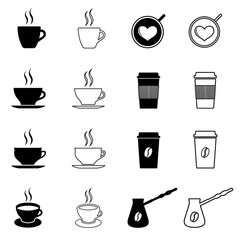 Set of coffee and tea icons. Coffee and tea traditional cups, disposable paper cups, Turkish coffee pot. Vector Illustration
