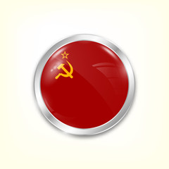 Round button national flag of USSR with the reflection of light and shadow. Icon country. Realistic vector illustration.