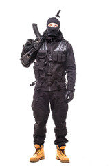 one caucasian army soldier man portrait on guard on studio isolated on white background