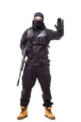 army soldier man portrait with stop sign on studio isolated on white background