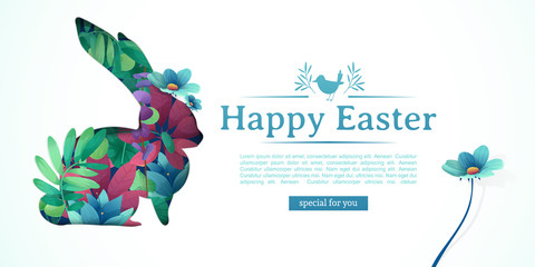 Design template banner for Happy Easter.   Silhouettes of rabbit with floral, herb, plant decoration. Horizontal card with logo for spring happy easter offer. Vector