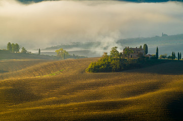 Fototapeta premium Fairytale, misty morning in the most picturesque part of Tuscany, val de orcia valleys