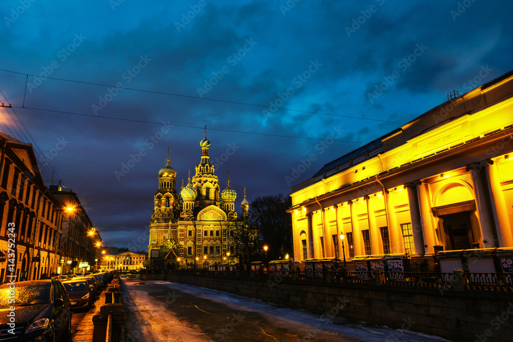 Wall mural Church on Spilled Blood with dark sky in Saint Petersburg, Russia