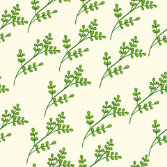 Seamless floral pattern with green branch on pastel. Hand drawn