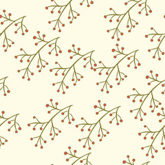 Seamless floral pattern with berry branch on pastel. Hand drawn