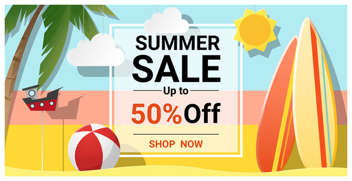 Summer sale background with colorful surfboards , vector , illustration