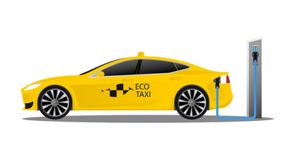 Yellow electric car with logo eco taxi charging on a charger station. Vector illustration