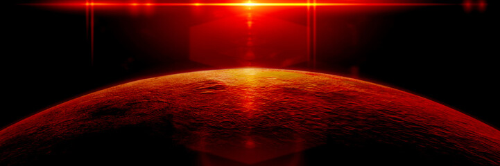 Fototapeta premium mysterious alien planet lit by a bright red star