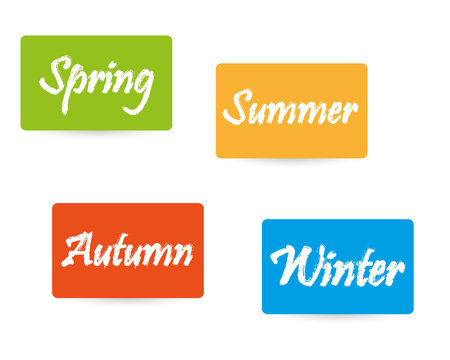 Web color tags, brushed text, spring, summer, autumn, winter with shadow on white background