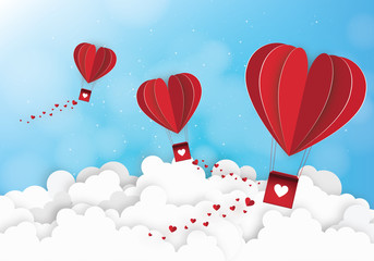 Fototapeta na wymiar Paper art of concept idea love and valentine day, Origami made hot air. Vector Illustration