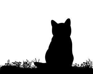 Illustration, vector, silhouette kitten sitting on the grass