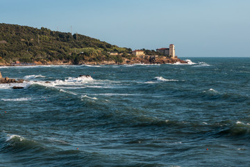 Boccale Castle, Seashore and Choppy Sea in Livorno, Italy