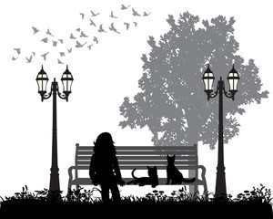 Illustration, vector, silhouette of a child sitting with a cat