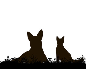 Illustration, vector, silhouette of a dog and a cat