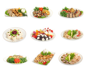 Set of festive meals of meat and vegetables  isolated