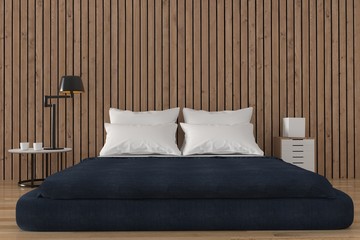 minimalist bedroom with wood loft design in 3D rendering