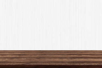 Empty wood table top on white wood background, Use as product display montage.