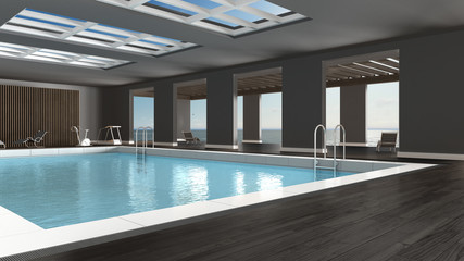 Swimming pool interior design, indoors with big panoramic windows and sea landscape