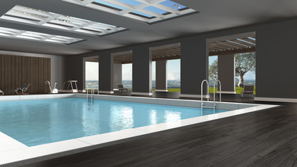 Swimming pool interior design, indoors with big panoramic windows and sea landscape