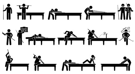 Professional snooker player playing on the table. Artworks depicts the positions and postures of playing snooker.