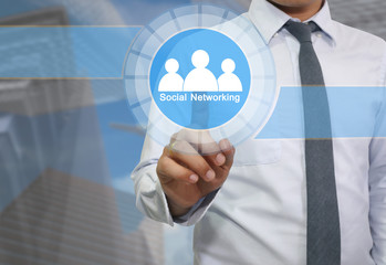 Hand of businessman use a finger to touch logo of Social network community.